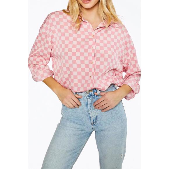 NEW PRETTY GARBAGE oversized checkered-print woven shirt in pink - Picture 1 of 2